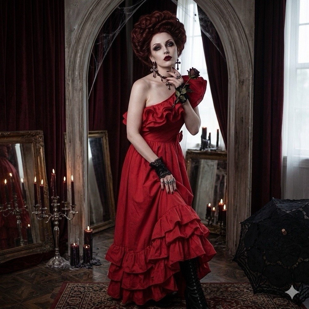 Vtg Maxi Dress 3 Red Ruffle Empire Waist Whimsigoth Romantic Goth Vampy 90s